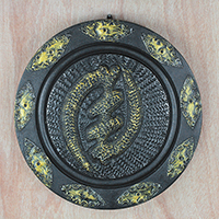 Wood decorative plate, 'Majestic Gye Nyame' - Black and Yellow Wood Gye Nyame Decorative Plate