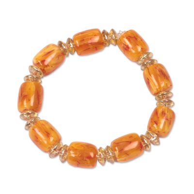 Recycled glass and plastic beaded stretch bracelet, 'Graceful Fire' - Recycled Glass and Plastic Beaded Stretch Bracelet in Orange