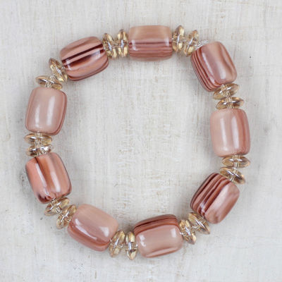 Recycled glass and plastic beaded stretch bracelet, 'Soft Pink' - Recycled Glass and Plastic Beaded Stretch Bracelet in Pink