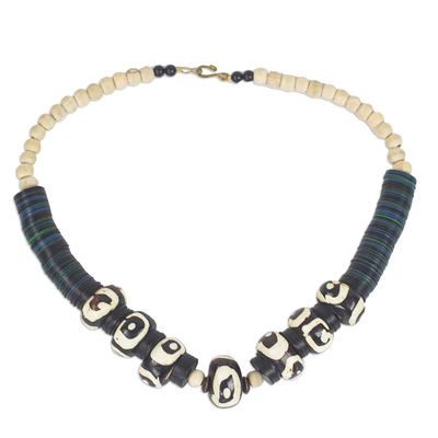 Black and White Bone and Sese Wood Beaded Necklace