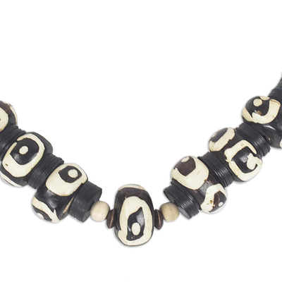 Bone and wood beaded necklace, 'Abstract Opulence' - Black and White Bone and Sese Wood Beaded Necklace