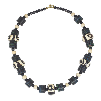Wood and recycled plastic beaded necklace, 'Good Feeling' - Black and White Sese Wood and Recycled Plastic Necklace