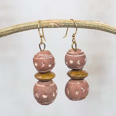 Ceramic and wood dangle earrings, 'Terracotta Splendor' - Ghanaian Terracotta Ceramic and Sese Wood Dangle Earrings