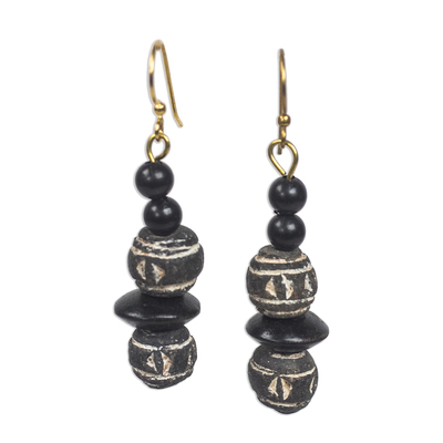 Ceramic and wood dangle earrings, 'Pottery Stacks' - Black and White Ceramic and Sese Wood Dangle Earrings