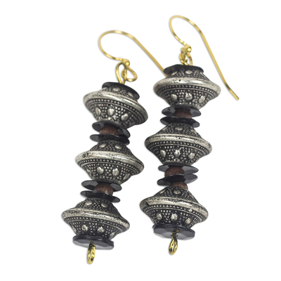 Recycled plastic dangle earrings, 'Old World Allure' - Recycled Plastic Silver Finish and Black Dangle Earrings