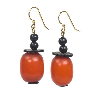 Wood and recycled plastic dangle earrings, 'Happy Helper' - Orange Wood and Recycled Plastic Dangle Earrings
