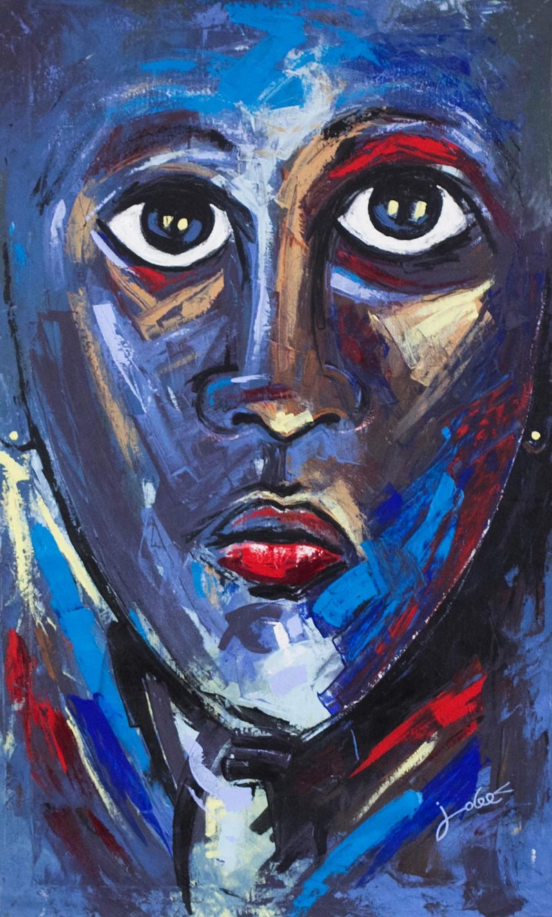 Signed Expressionist Portrait Painting in Blue from Ghaha - Face of a ...