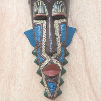 African wood mask, 'Queen Yaa Asantewaa' - Multicoloured Sese Wood African Mask from Ghana
