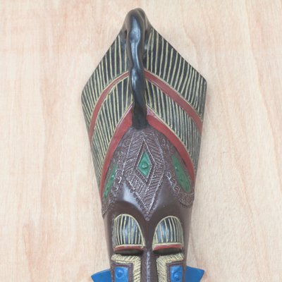 African wood mask, 'Queen Yaa Asantewaa' - Multicolored Sese Wood African Mask from Ghana