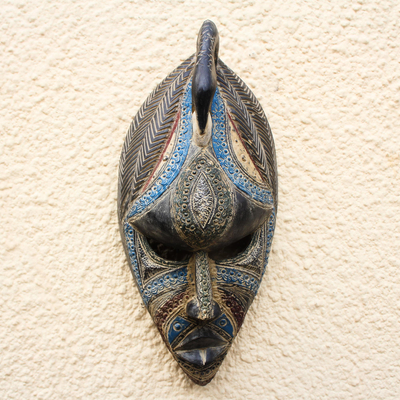 African wood mask, 'Grateful Bird' - Bird-Themed Colorful African Wood Mask from Ghana
