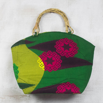 Cotton handle handbag, 'Fields of Fantasy' - Green Floral African Print Cotton Handbag Tote