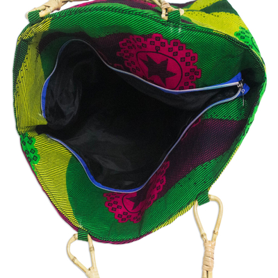 Cotton handle handbag, 'Fields of Fantasy' - Green Floral African Print Cotton Handbag Tote