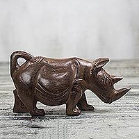 Wood sculpture, 'Brown Rhino' - Hand-Carved Sese Wood Rhino Sculpture from Ghana