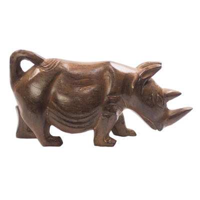 Wood sculpture, 'Brown Rhino' - Hand-Carved Sese Wood Rhino Sculpture from Ghana