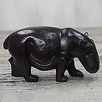 Wood sculpture, 'Dark Hippo' - Hand-Carved Sese Wood Hippo Sculpture from Ghana