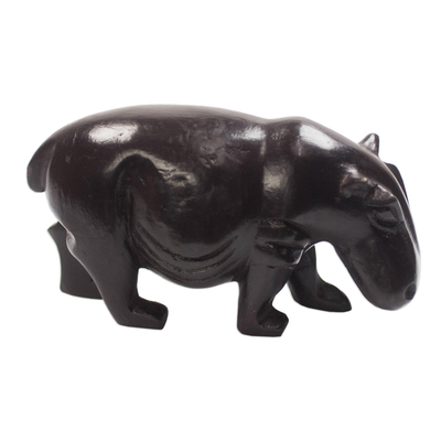Wood sculpture, 'Dark Hippo' - Hand-Carved Sese Wood Hippo Sculpture from Ghana