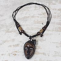 Wood pendant necklace, 'Tribal Mask'