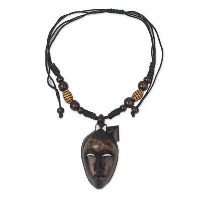Wood pendant necklace, 'Tribal Mask' - Wood African Mask Pendant Necklace with Adjustable Length