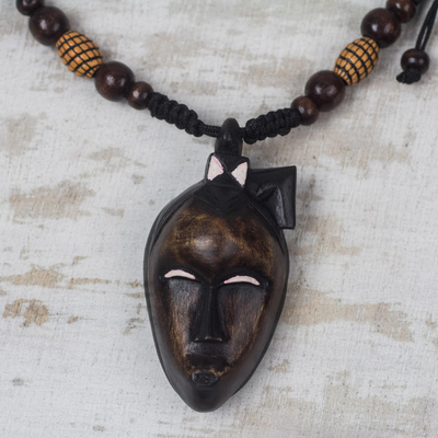 Wood pendant necklace, 'Tribal Mask' - Wood African Mask Pendant Necklace with Adjustable Length