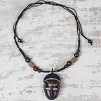 Wood pendant necklace, 'Thoughtful Gaze' - African Mini Mask Wood Pendant Necklace Adjustable Length