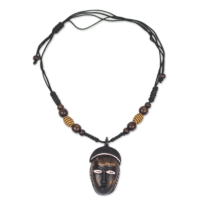 African Mini Mask Wood Pendant Necklace Adjustable Length