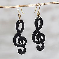 Ebony wood dangle earrings, 'Double Treble' - Handcrafted Treble Clef Motif Ebony Wood Dangle Earrings