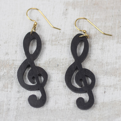 Ebony wood dangle earrings, 'Double Treble' - Handcrafted Treble Clef Motif Ebony Wood Dangle Earrings