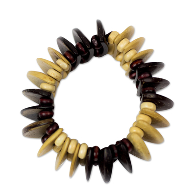 Coconut Shell and Wood Beaded Stretch Bracelet from Ghana