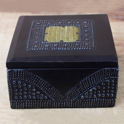 Wood decorative box, 'Royal Keeper' - Sese Wood Aluminum and Brass Decorative Box from Ghana