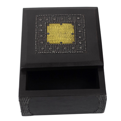 Wood decorative box, 'Royal Keeper' - Sese Wood Aluminum and Brass Decorative Box from Ghana