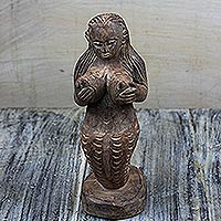 Escultura de madera, 'Sirena sensual' - Escultura de madera de sirena del océano sensual tallada a mano