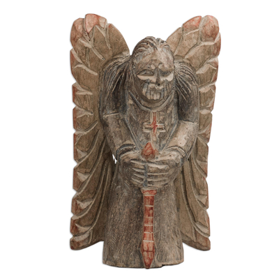 Wood sculpture, 'Kneeling Angel' - Hand-Carved Sese Wood Kneeling Praying Angel Sculpture