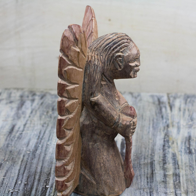 Wood sculpture, 'Kneeling Angel' - Hand-Carved Sese Wood Kneeling Praying Angel Sculpture