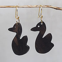 Ebony wood dangle earrings, 'Duck Duo' - Handcrafted Duck Ebony Wood Dangle Earrings from Ghana