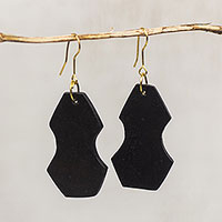 Ebony wood dangle earrings, 'Hourglass' - Handcrafted Elongated Octagon Ebony Wood Dangle Earrings