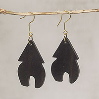 Ebony wood dangle earrings, 'Village Home' - Handcrafted Ebony Wood Village Home Dangle Earrings