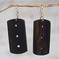 Ebony wood dangle earrings, 'Hint' - Handcrafted Ebony Wood Rounded Rectangle Dangle Earrings