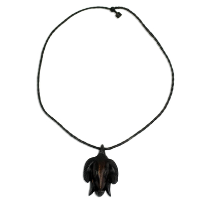 Wood pendant necklace, 'Ram' - Leather and Wood Ram's Head Pendant Necklace