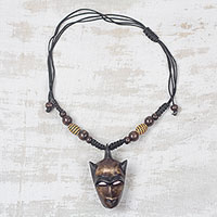 Wood pendant necklace, 'Monkey Mayhem' - Wood Monkey Head Adjustable Pendant Necklace from Ghana