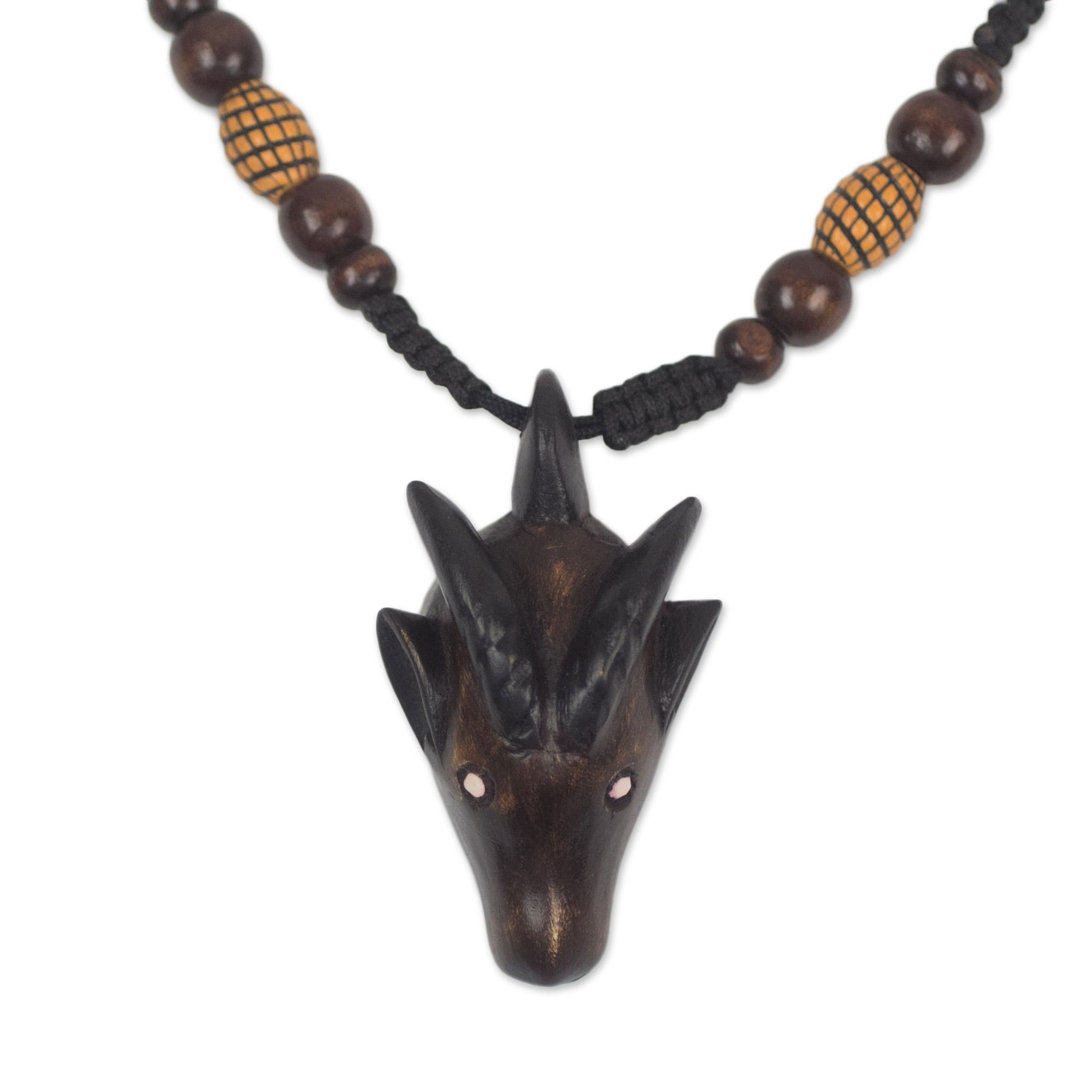 Wood Goat Head Pendant Necklace from Ghana Adjustable Length Horned