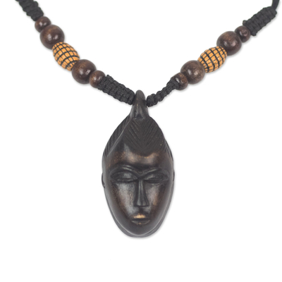 Wood pendant necklace, 'Gaze Inward' - Wood Pendant Necklace African Mini Mask Adjustable Length