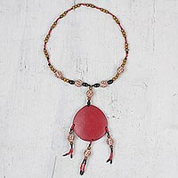 Wood beaded statement necklace, 'Red Promise' - Sese Wood Beaded Statement Necklace in Red from Ghana