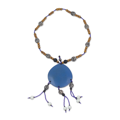 Sese Wood Beaded Statement Necklace in Blue from Ghana