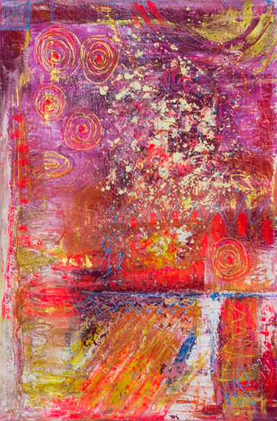 'Fiery Jungle' - Signed Vibrant Abstract Painting from Ghana