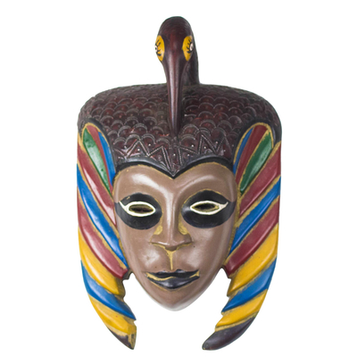 African wood mask, 'Dumaka Bird' - Colorful Bird-Themed African Wood Mask from Ghana