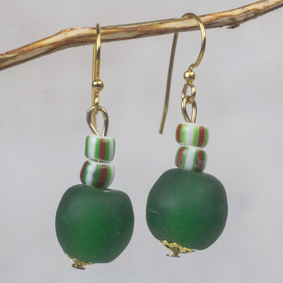 Recycled glass beaded dangle earrings, 'Renewed Joy' - Bottle Green Recycled Glass Bead Dangle Earrings from Ghana