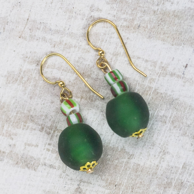 Recycled glass beaded dangle earrings, 'Renewed Joy' - Bottle Green Recycled Glass Bead Dangle Earrings from Ghana