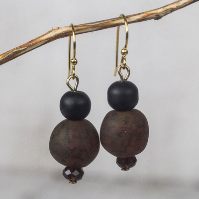 Recycled glass beaded dangle earrings, 'Renewed Strength' - Brown-Black Recycled Glass and Plastic Bead Dangle Earrings