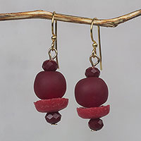 Recycled glass beaded dangle earrings, 'Renewed Flame' - Crimson Red Recycled Glass Bead Dangle Earrings from Ghana