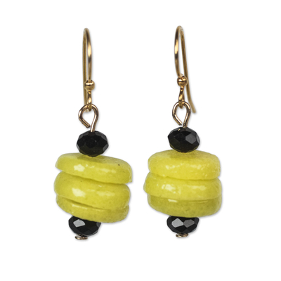 Recycled glass beaded dangle earrings, 'Renewed Cheer' - Yellow Recycled Glass and Plastic Beaded Dangle Earrings